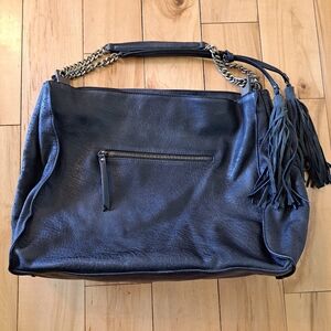 Moda Luxe Hobo Boho Style Vegan Leather Purse Bag Washed Black w/ Tassel Accents